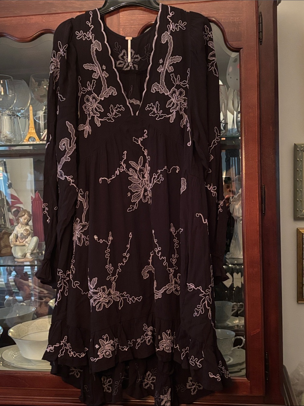 Embroidered Black Long-Sleeve Boho Dress